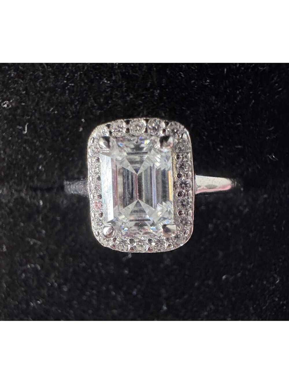 925 Sterling Silver Emerald Cut Moissanite with Halo Ring, size 5, Engagement